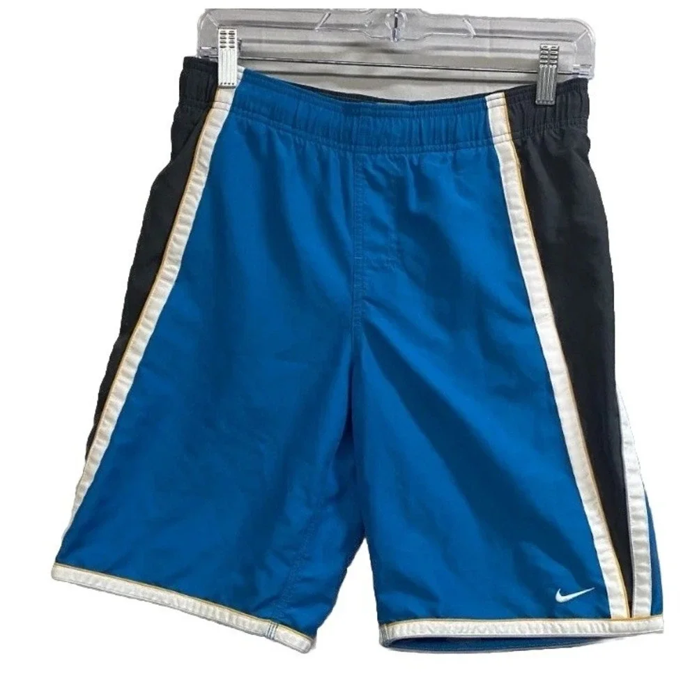 Nike Swim Trunks Shorts Men Medium Blue Black Mesh Lined Embroidered Swoosh Logo